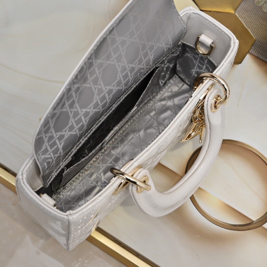 Dio Lady Joy Small White Patent Leather Bag 22cm