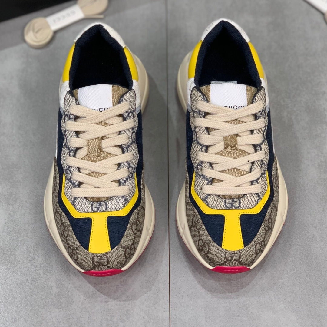 GG Rhyton Canvas Tennis Shoes with Yellow, White and Dark Blue, Pink Sole -