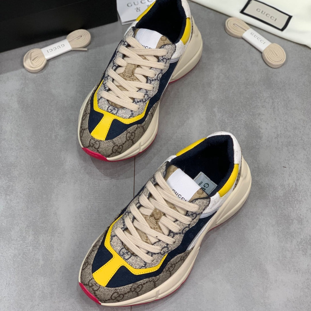 GG Rhyton Canvas Tennis Shoes with Yellow, White and Dark Blue, Pink Sole -