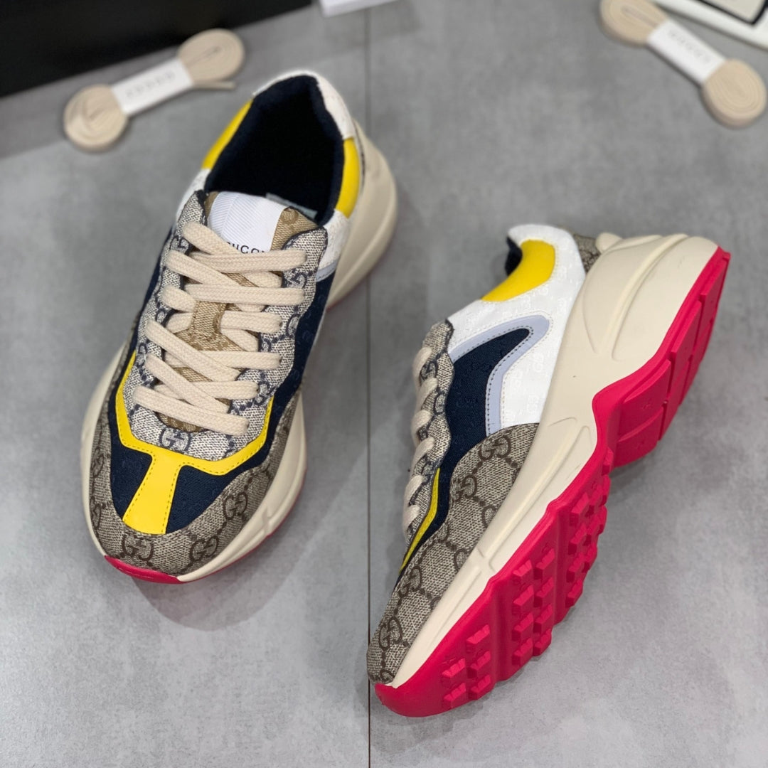 GG Rhyton Canvas Tennis Shoes with Yellow, White and Dark Blue, Pink Sole -
