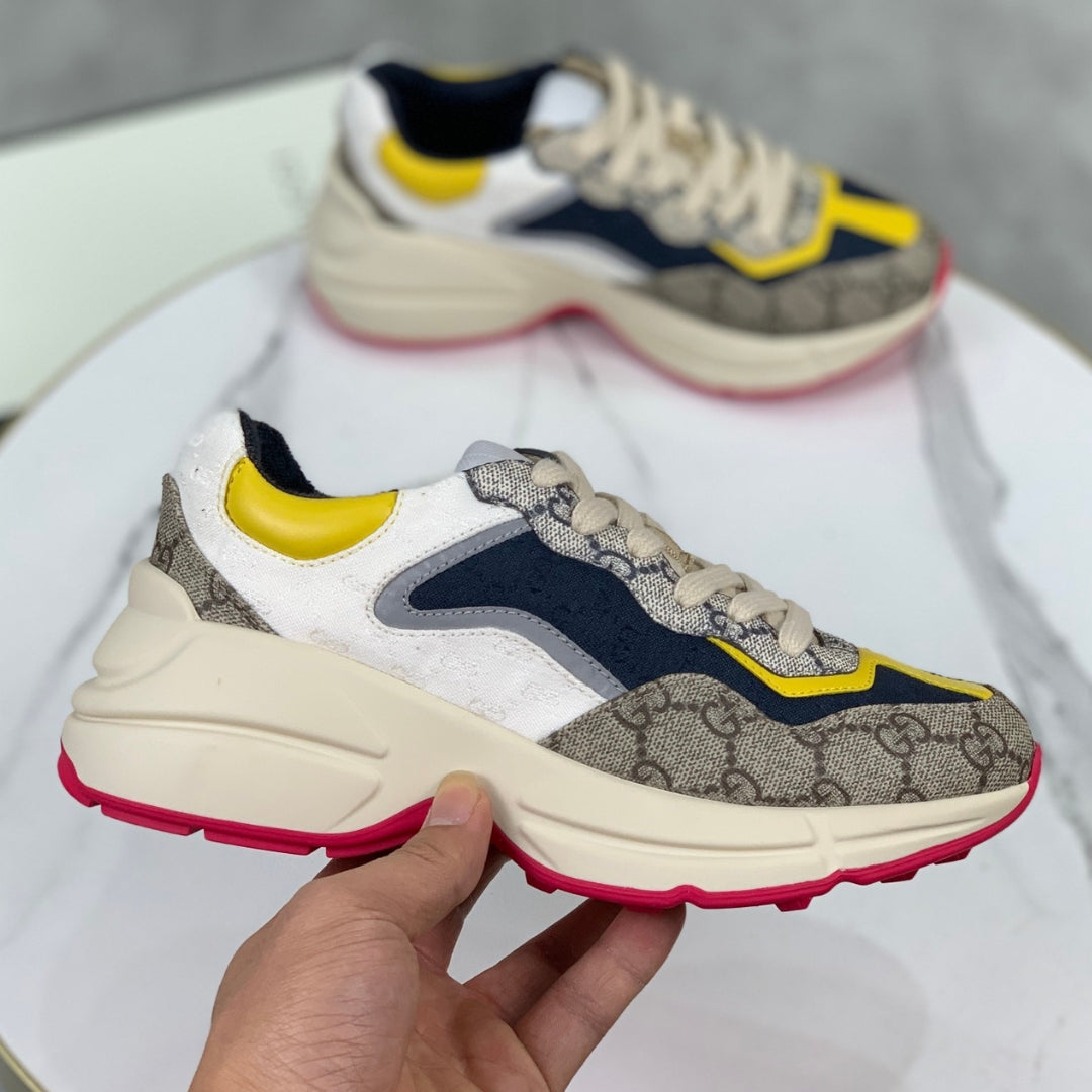 GG Rhyton Canvas Tennis Shoes with Yellow, White and Dark Blue, Pink Sole -