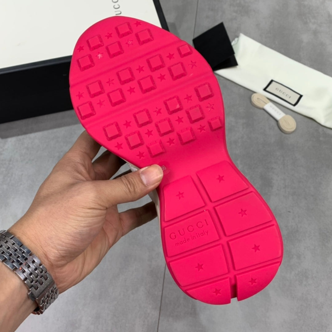 GG Rhyton Canvas Tennis Shoes with Yellow, White and Dark Blue, Pink Sole -