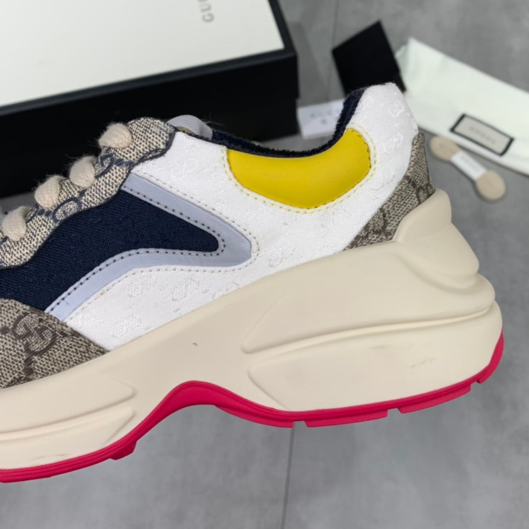 GG Rhyton Canvas Tennis Shoes with Yellow, White and Dark Blue, Pink Sole -
