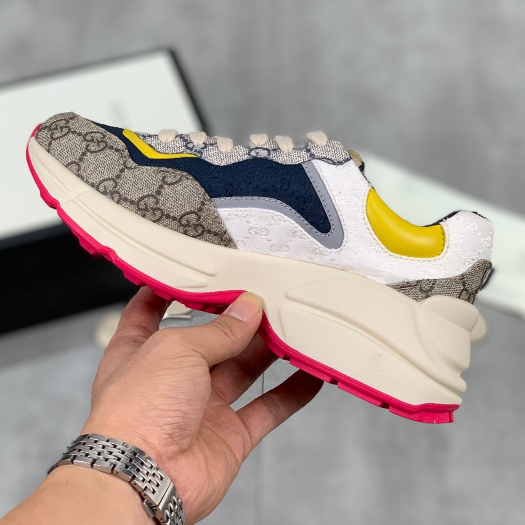 GG Rhyton Canvas Tennis Shoes with Yellow, White and Dark Blue, Pink Sole -