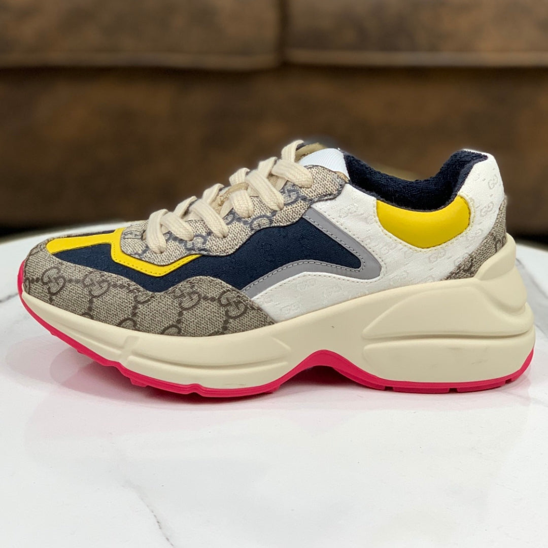 GG Rhyton Canvas Tennis Shoes with Yellow, White and Dark Blue, Pink Sole -