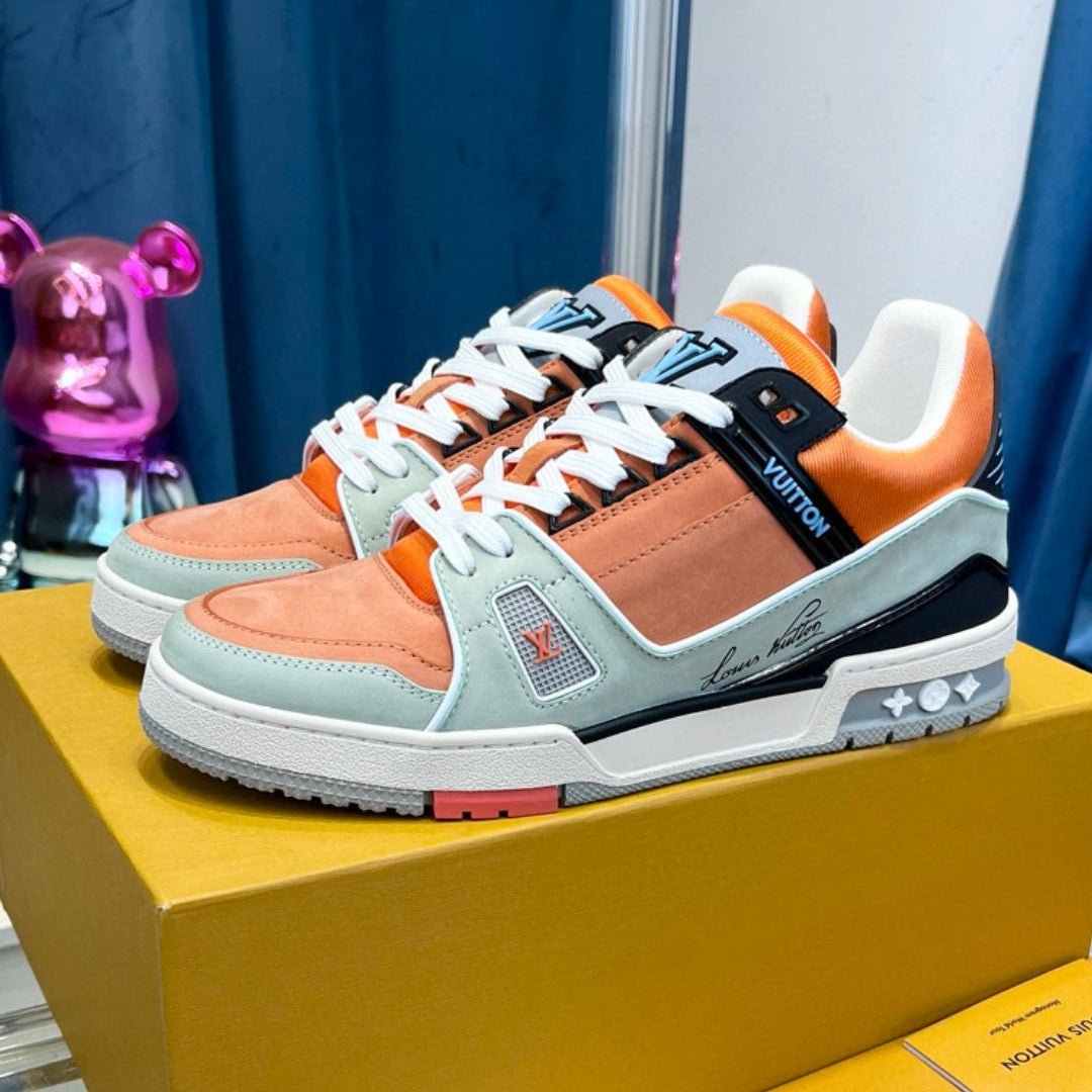 Gray and Orange LV Trainer Sneakers
