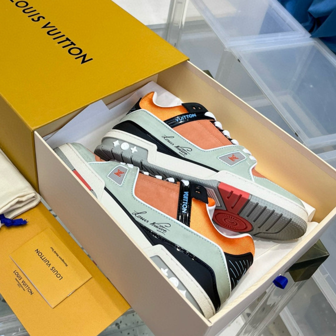 Gray and Orange LV Trainer Sneakers