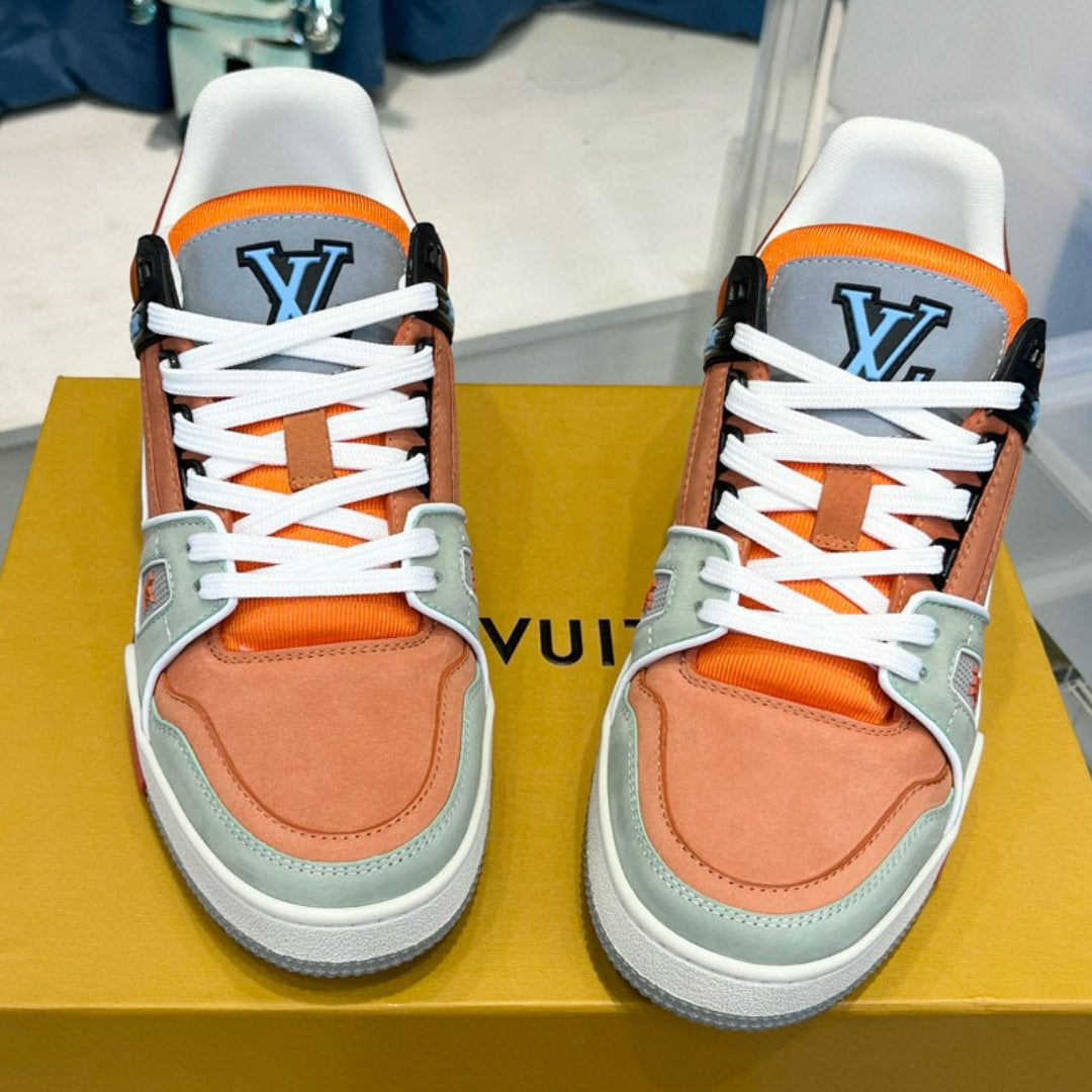 Gray and Orange LV Trainer Sneakers