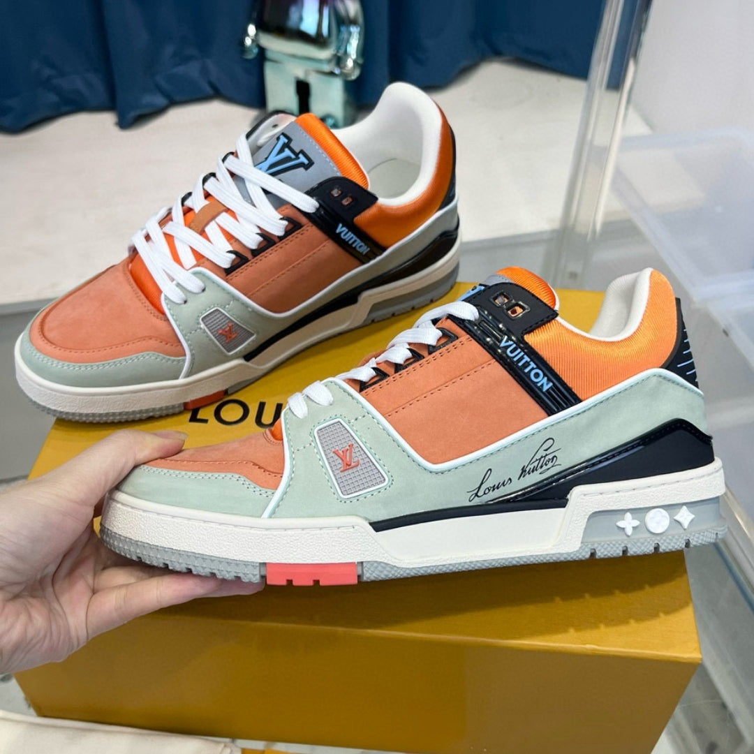 Gray and Orange LV Trainer Sneakers