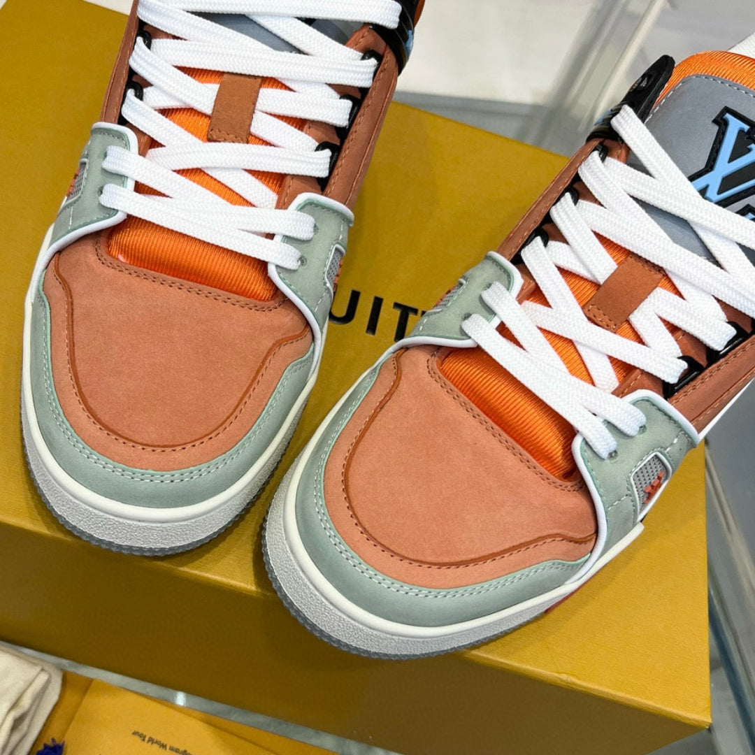 Gray and Orange LV Trainer Sneakers