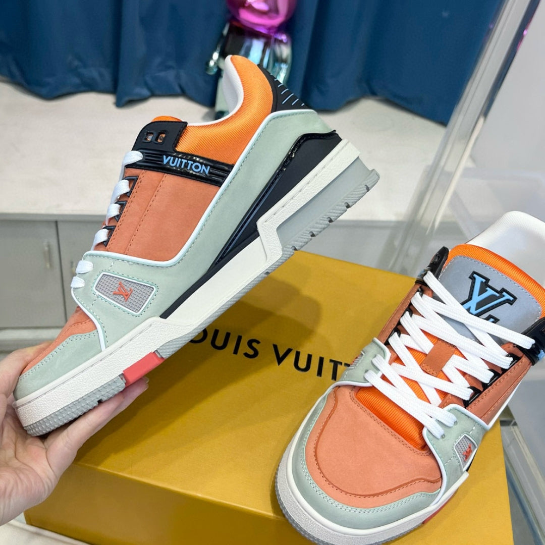 Gray and Orange LV Trainer Sneakers