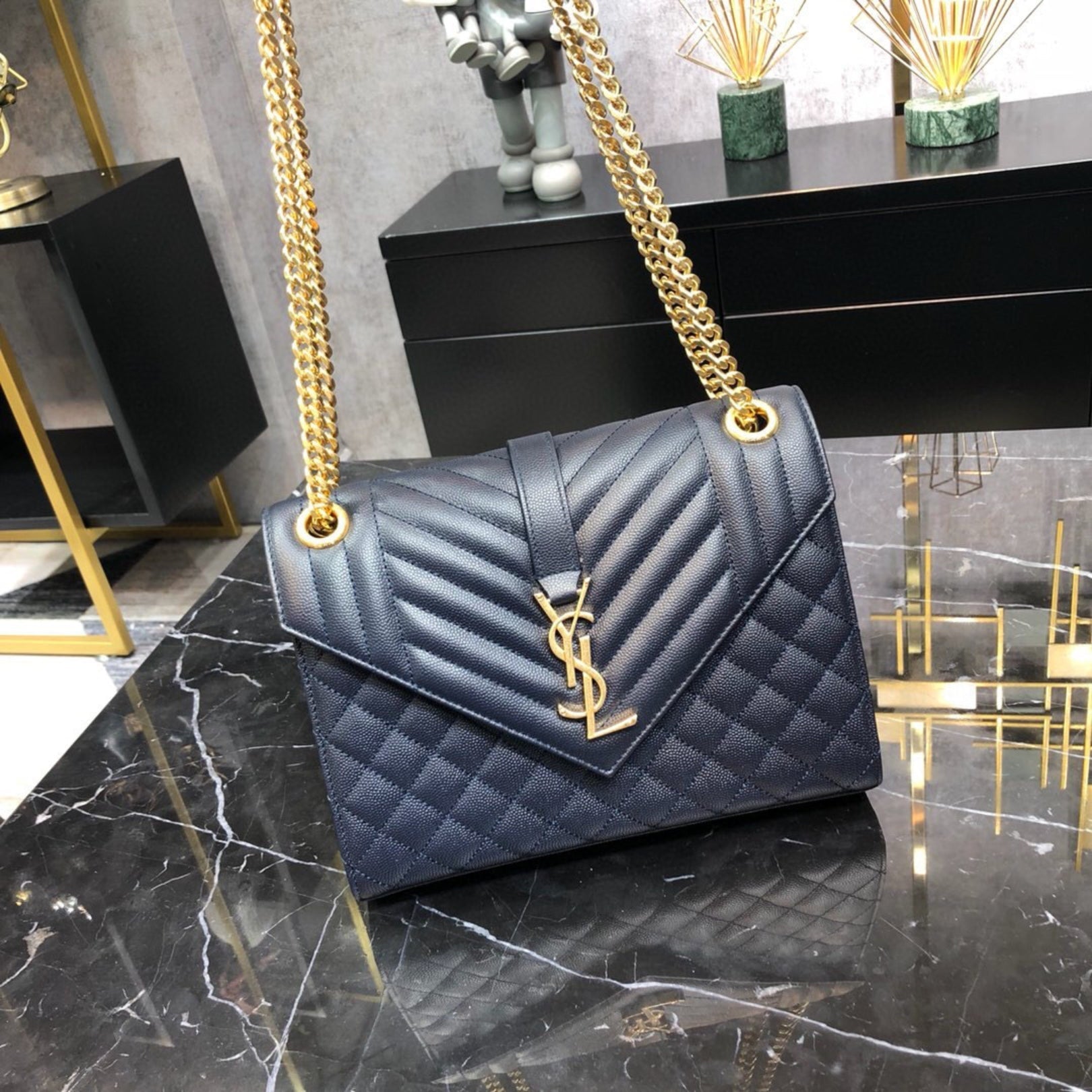 YSL Medium Envelope Shoulder Bag Blue 24cm