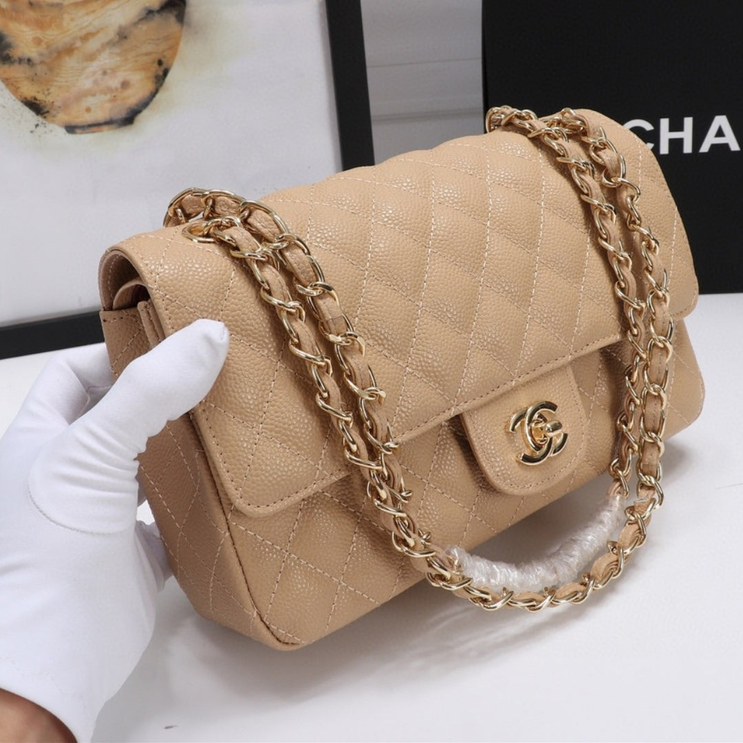 CHN Classic Bag with Beige and Gold Details 25cm