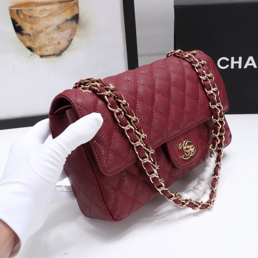 CHN Classic Bag with Wine and Gold Details 25cm