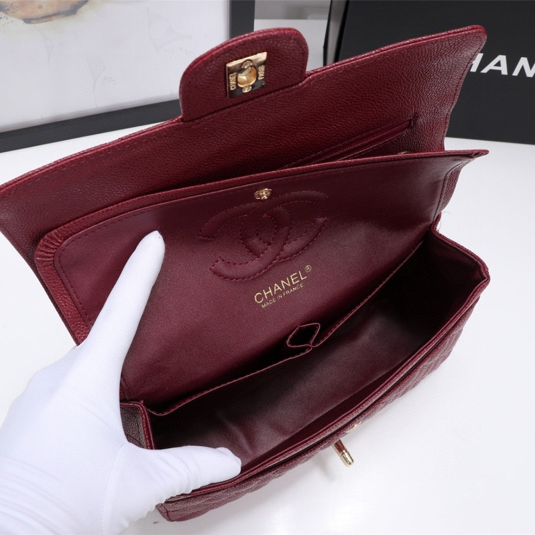CHN Classic Bag with Wine and Gold Details 25cm