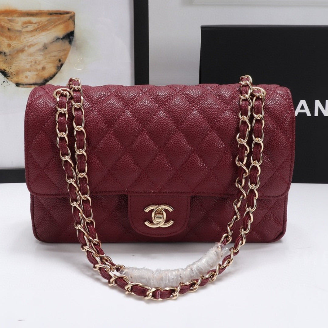 CHN Classic Bag with Wine and Gold Details 25cm
