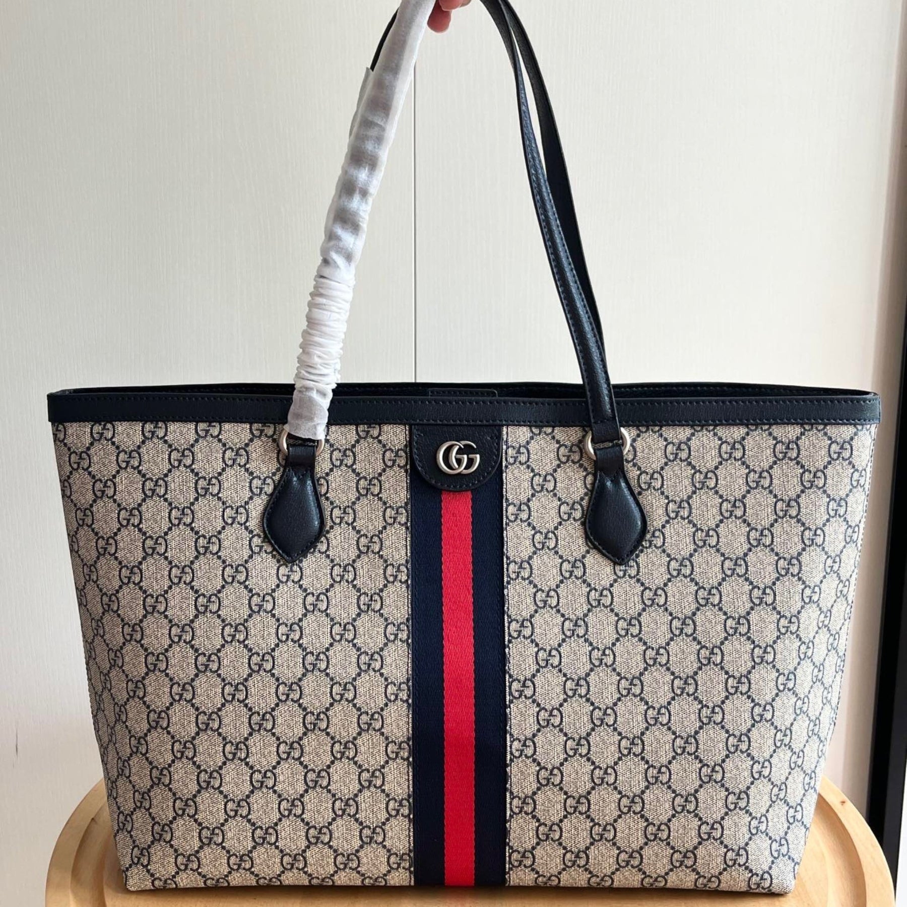 GG Ophidia Tote Medium Supreme Beige Web Red and Blue 38cm