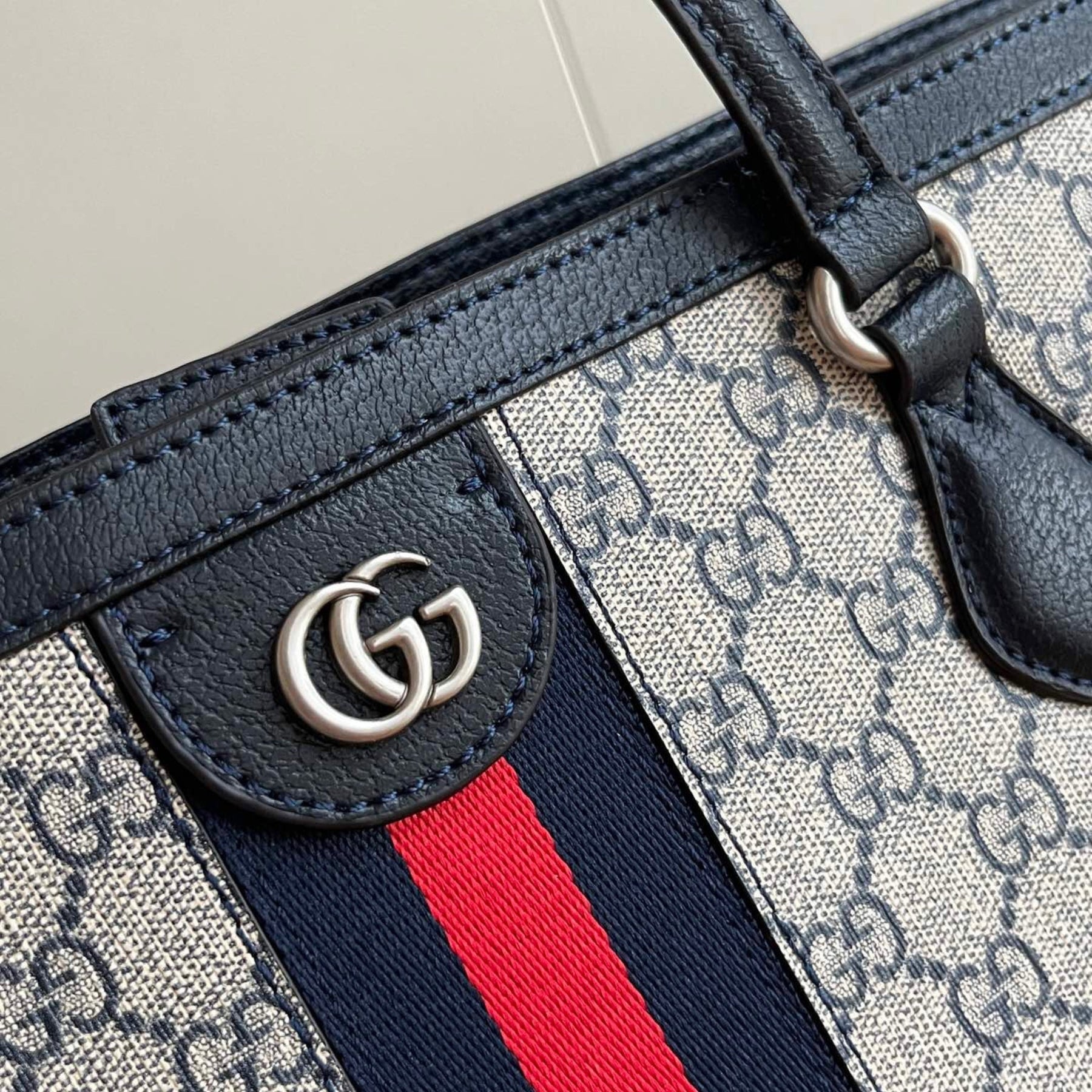 GG Ophidia Tote Medium Supreme Beige Web Red and Blue 38cm