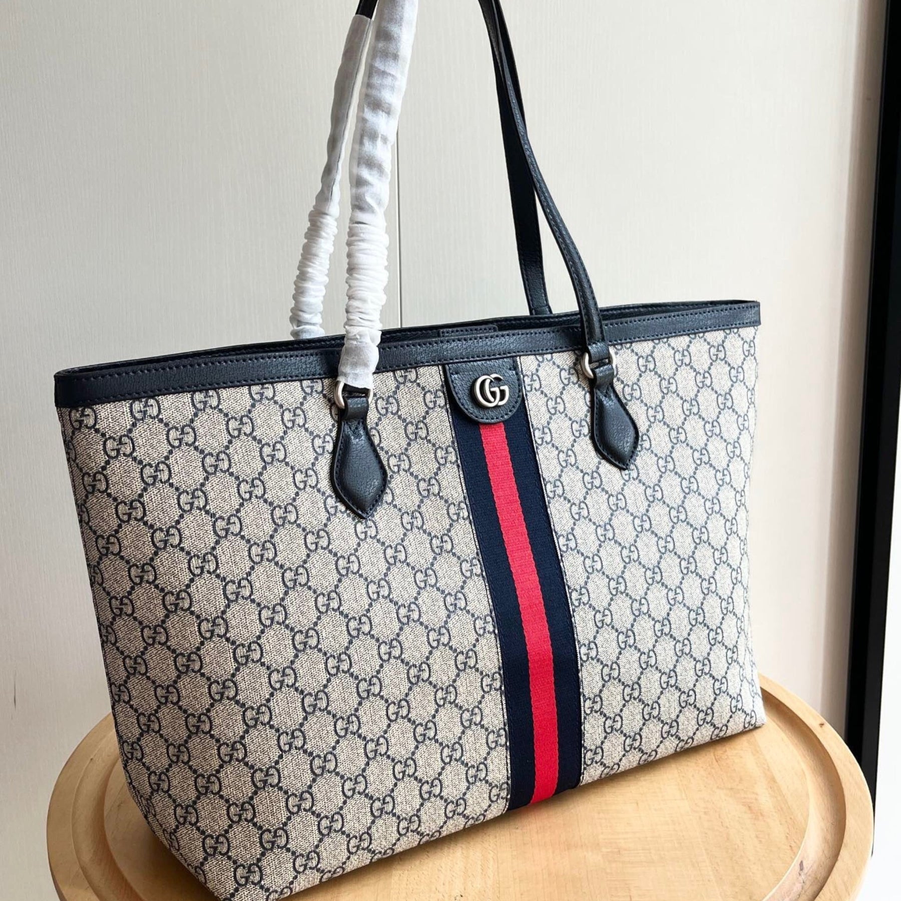 GG Ophidia Tote Medium Supreme Beige Web Red and Blue 38cm