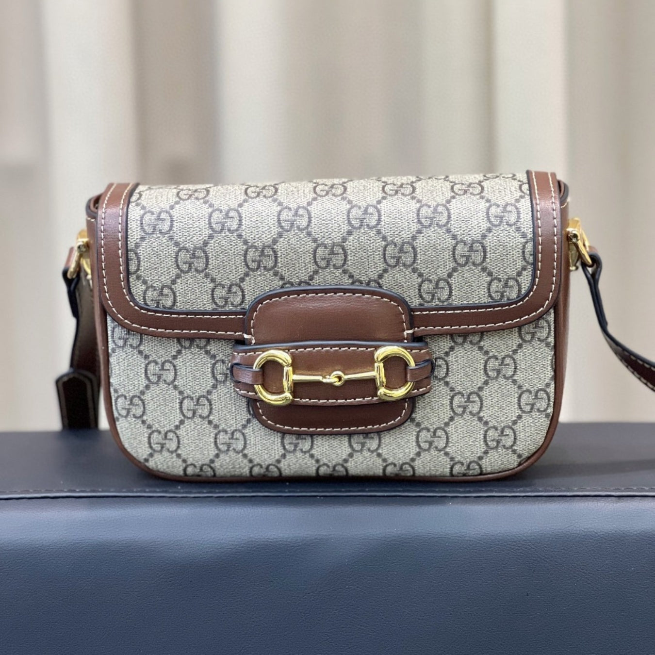 GG Horsebit 1955 Canvas with brown small 20cm shoulder bag