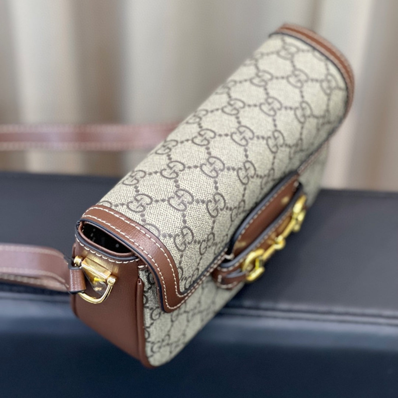 GG Horsebit 1955 Canvas with brown small 20cm shoulder bag