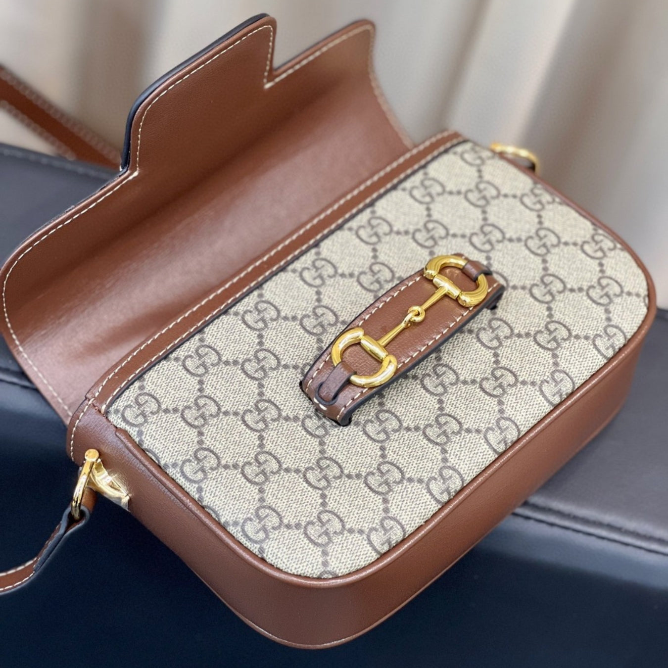 GG Horsebit 1955 Canvas with brown small 20cm shoulder bag