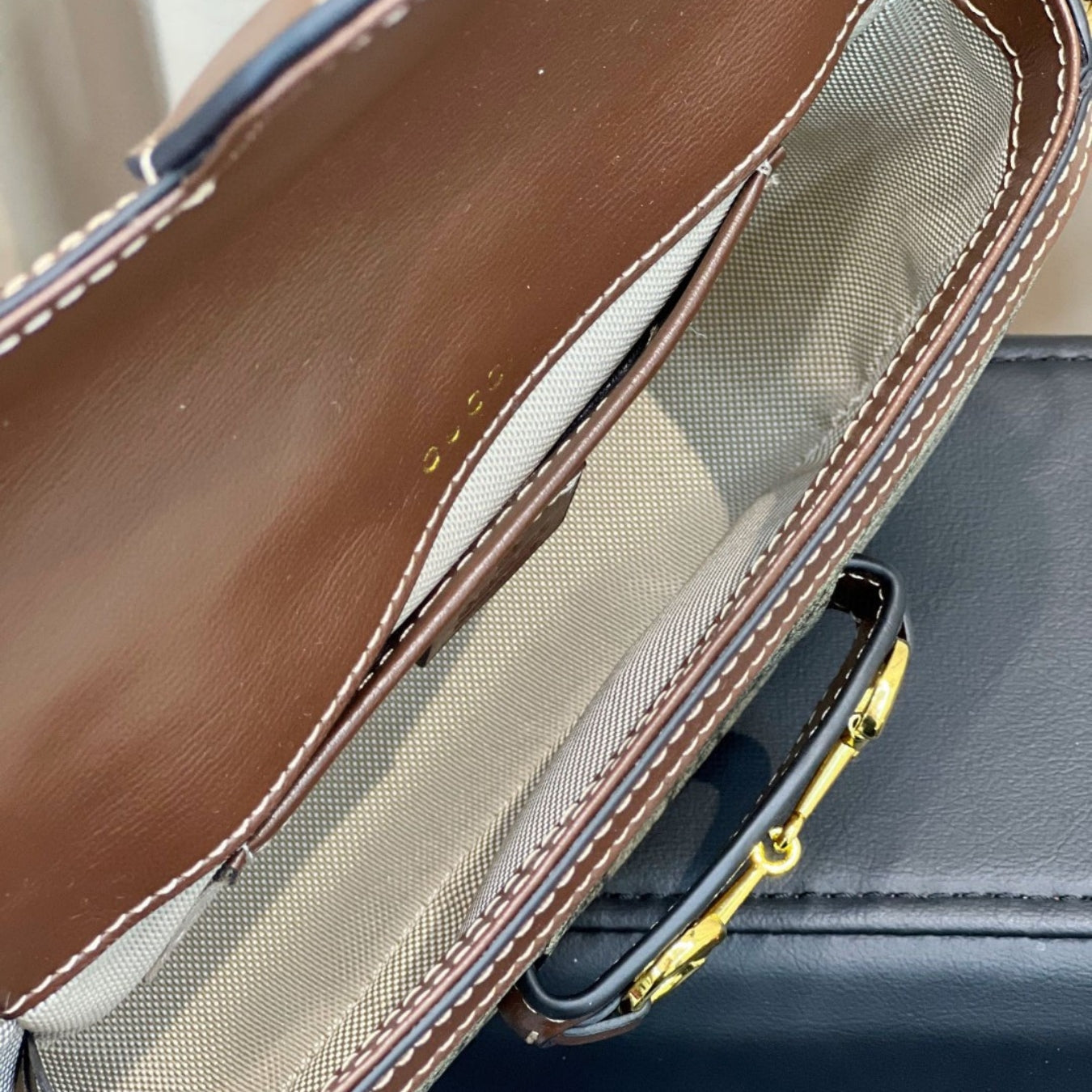 GG Horsebit 1955 Canvas with brown small 20cm shoulder bag