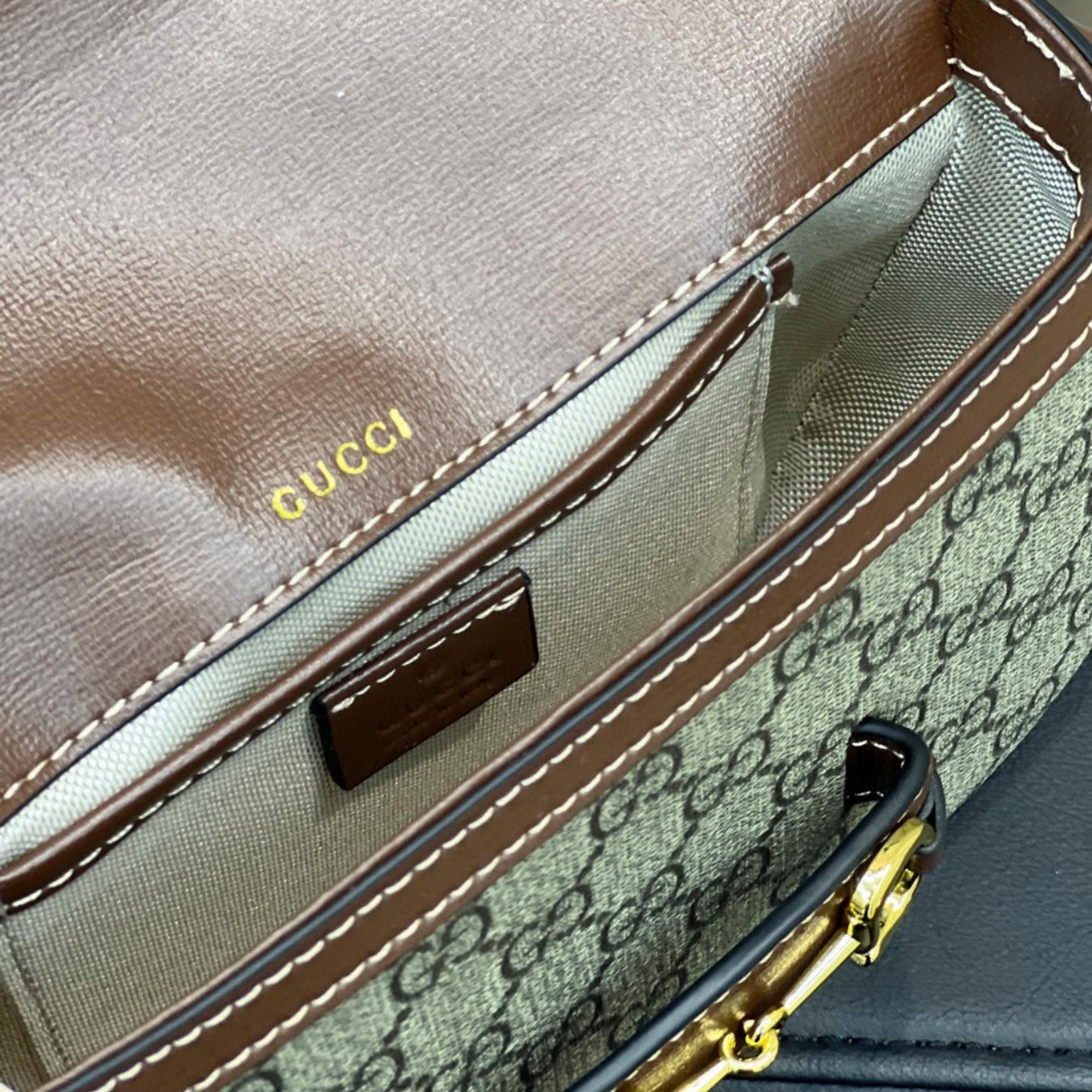 GG Horsebit 1955 Canvas with brown small 20cm shoulder bag