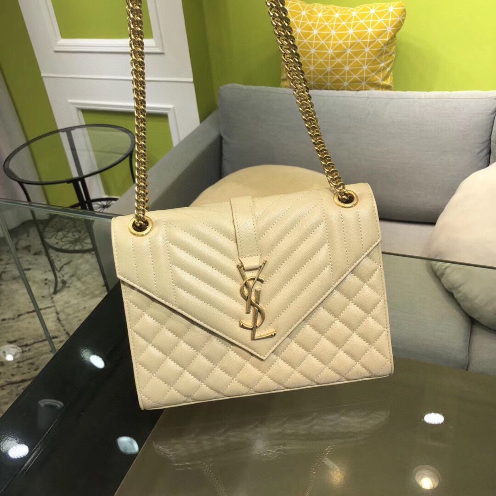 YSL Medium Envelope Shoulder Bag Beige 24cm
