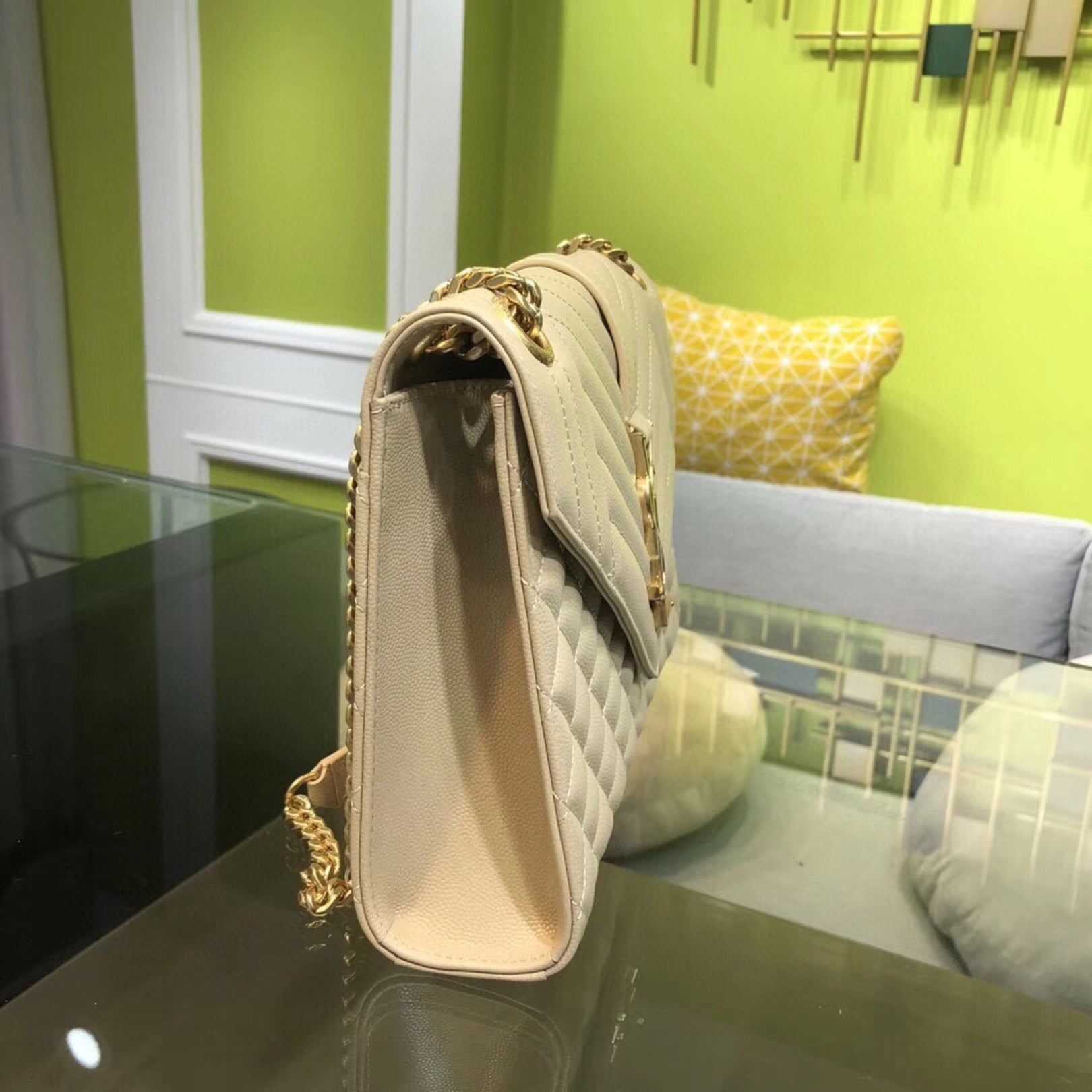 YSL Medium Envelope Shoulder Bag Beige 24cm