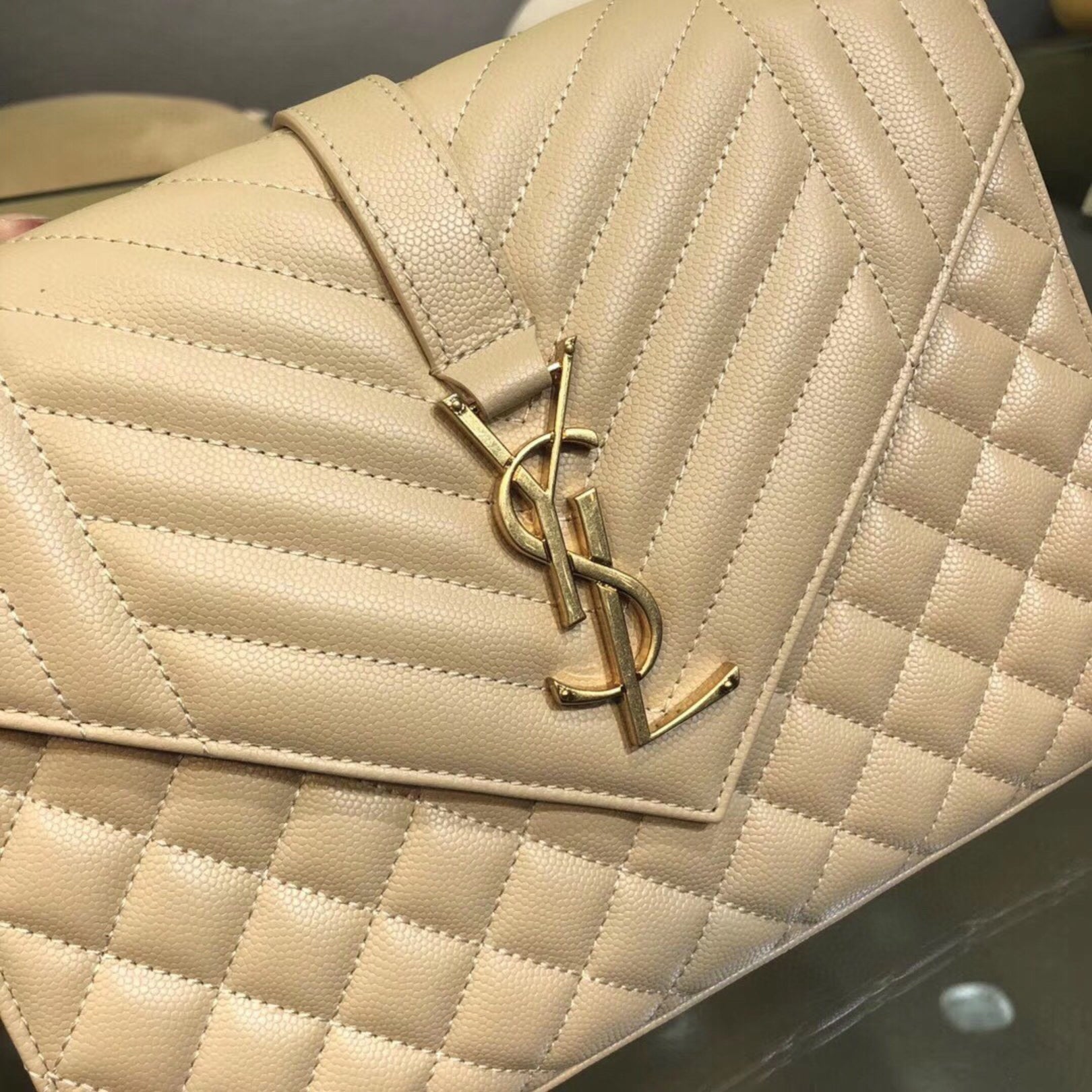 YSL Medium Envelope Shoulder Bag Beige 24cm