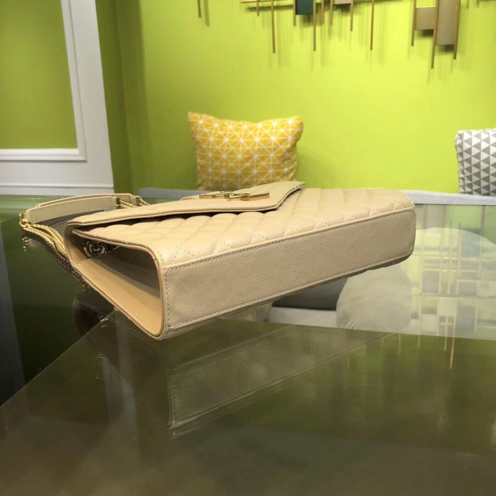 YSL Medium Envelope Shoulder Bag Beige 24cm