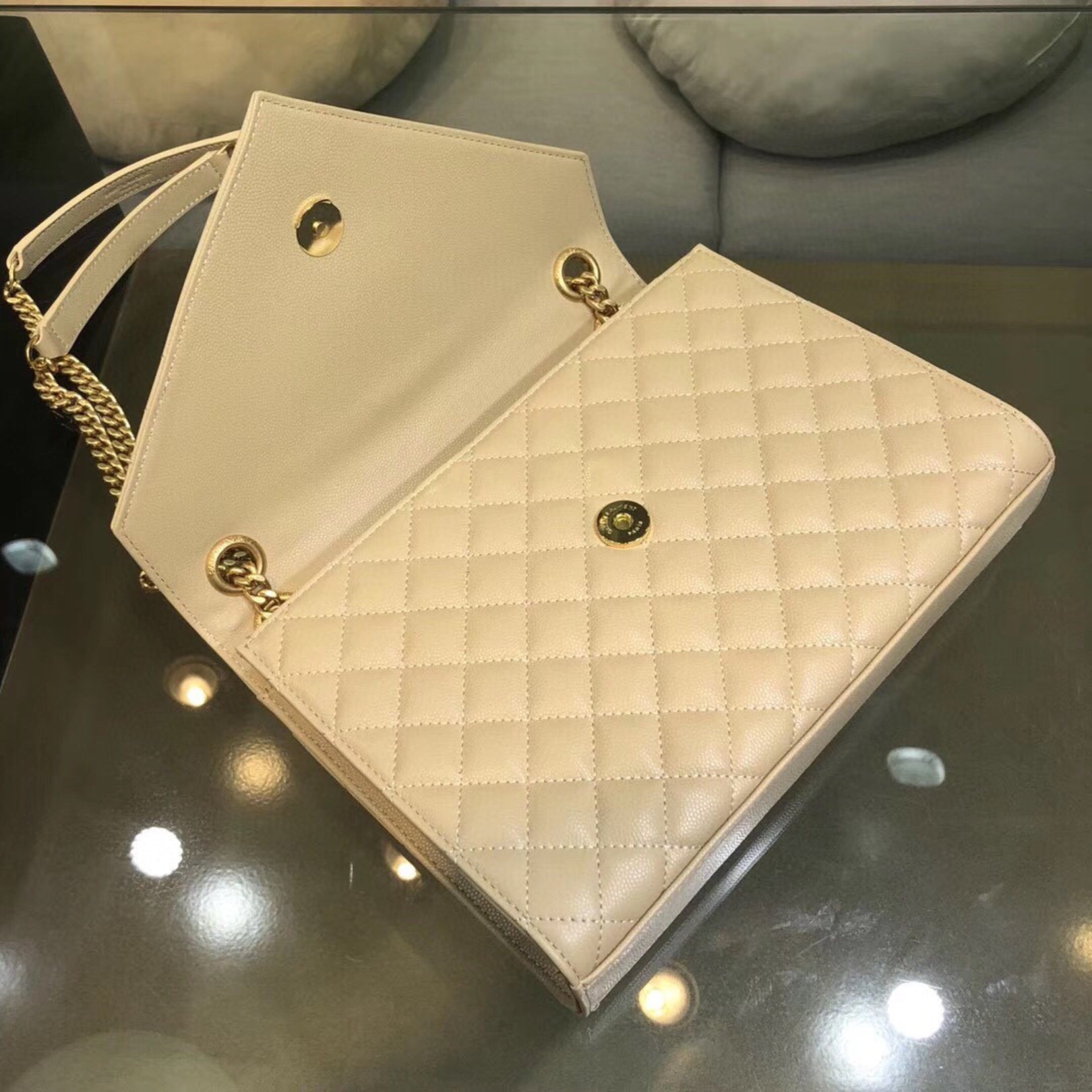 YSL Medium Envelope Shoulder Bag Beige 24cm