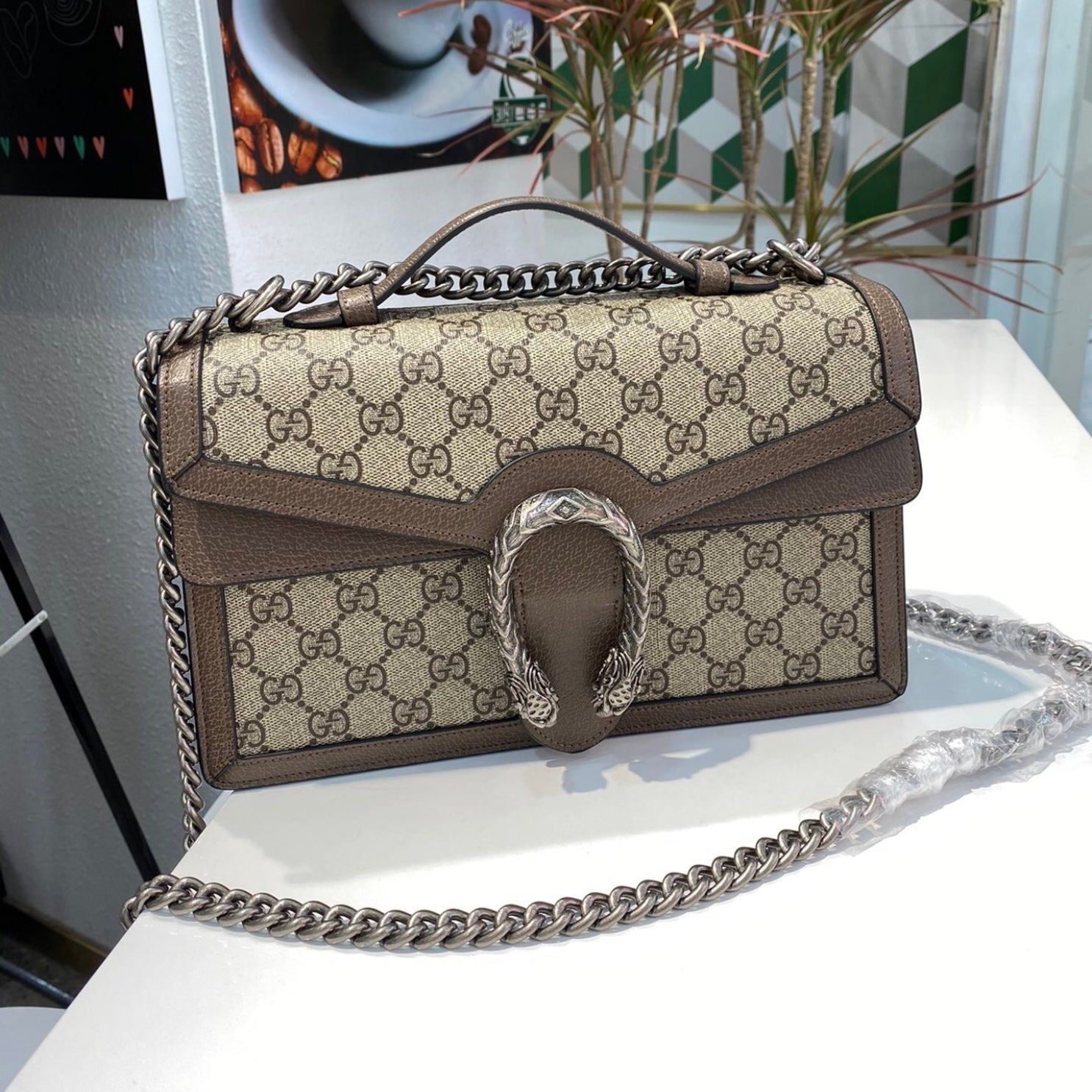 Bolsa GG Dionysus marrom e canvas média 28cm