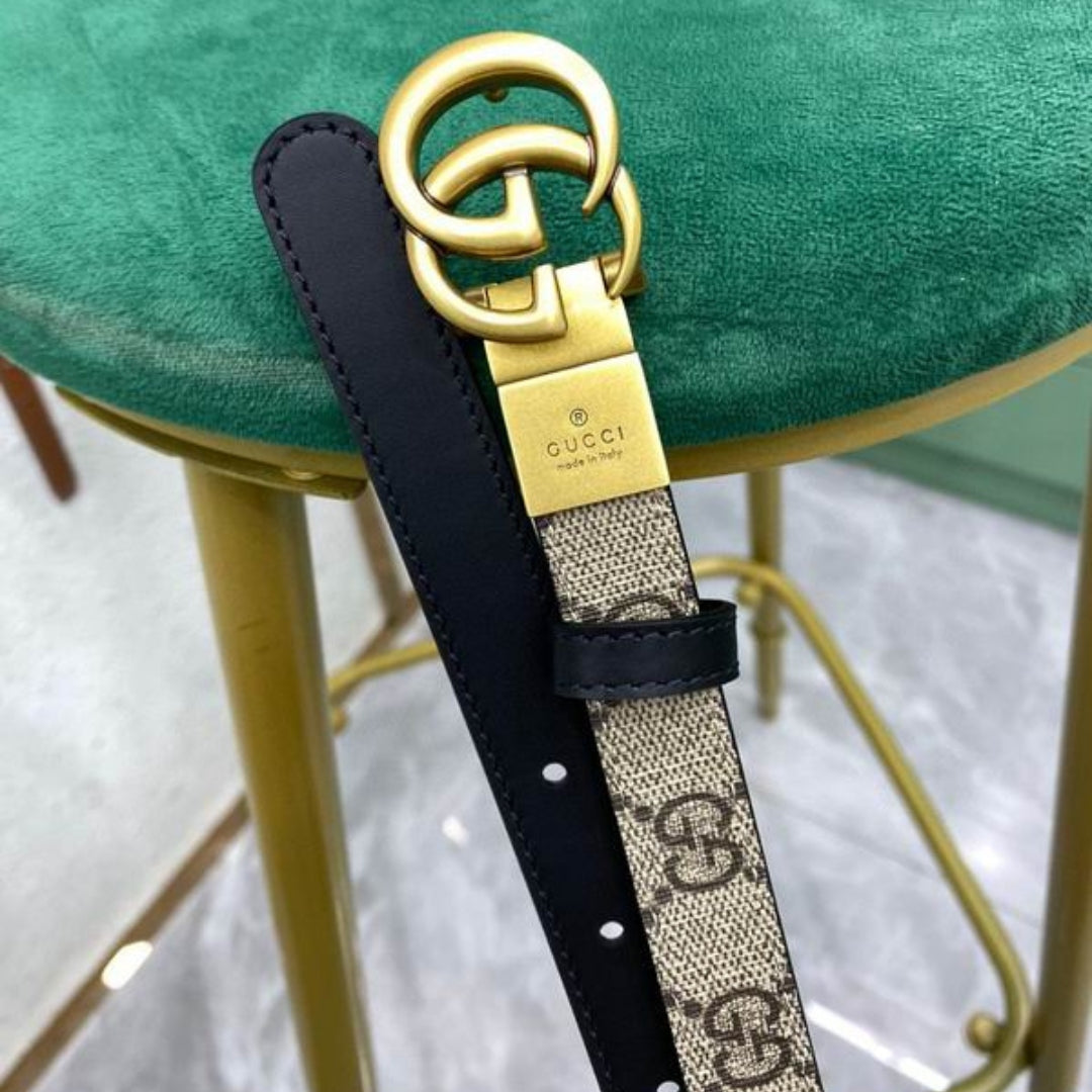 GG Double-Sided Canvas Belt in black with gold, 2cm wide