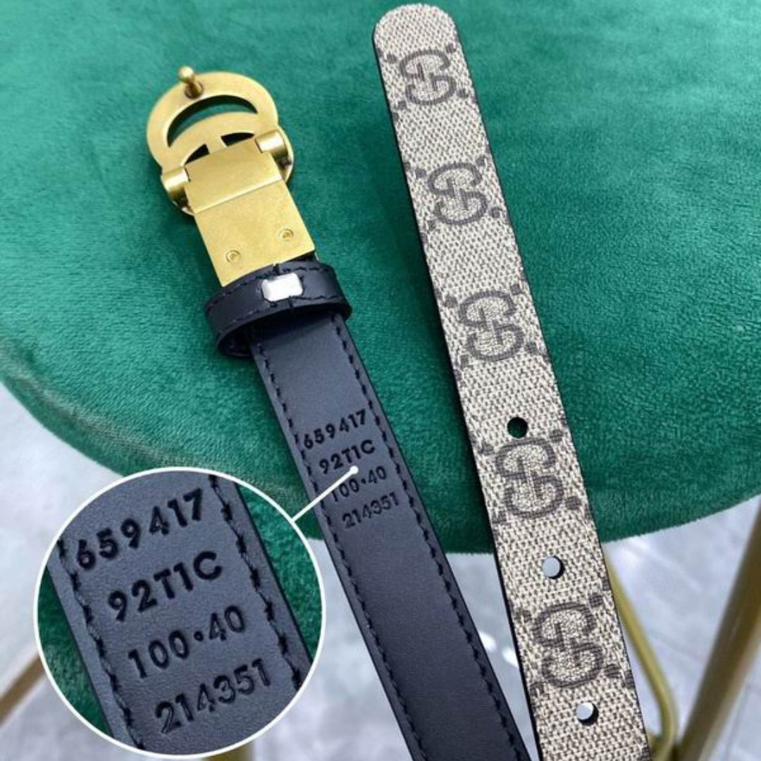 GG Double-Sided Canvas Belt in black with gold, 2cm wide