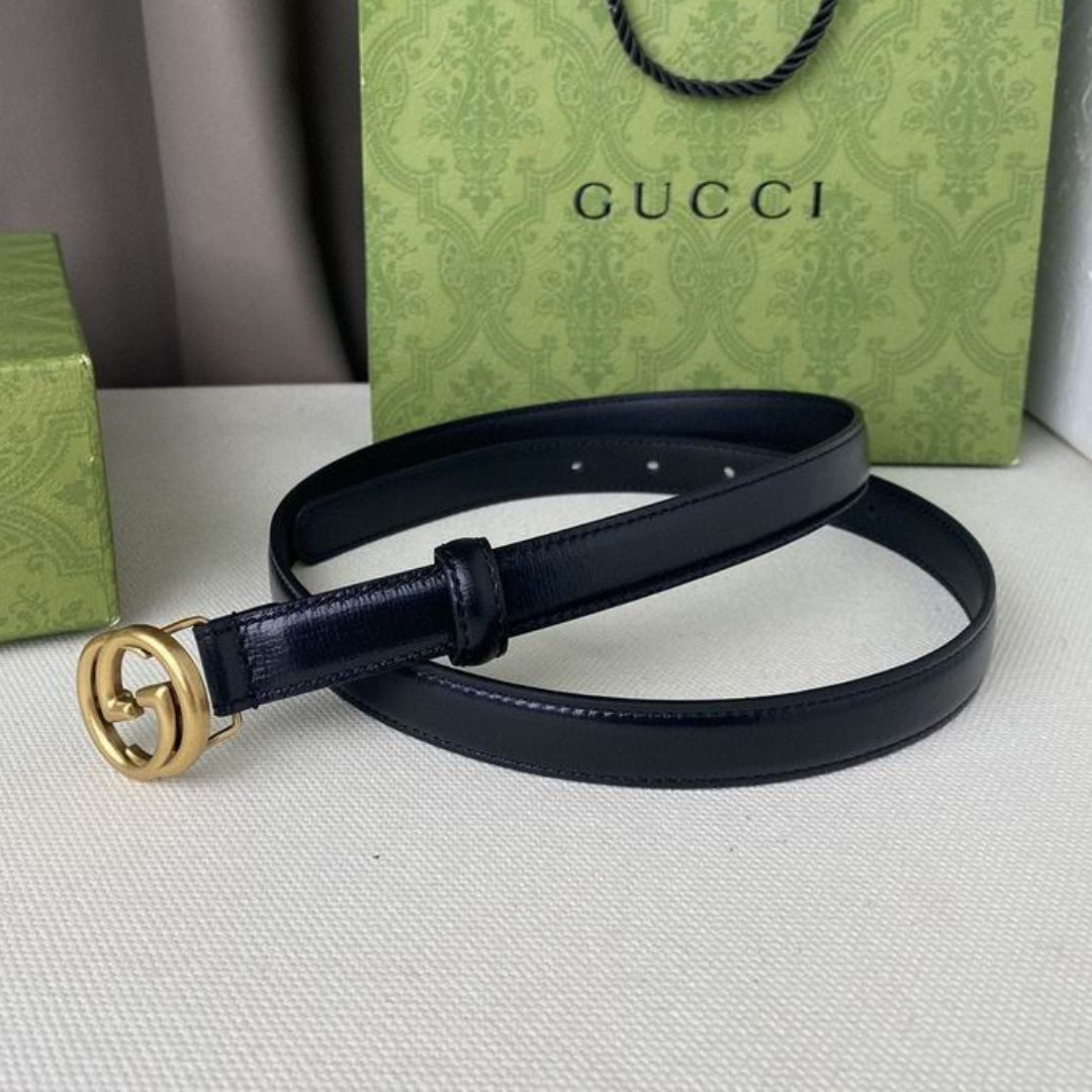 GG Interlocking Belt Black Leather with Gold 2cm wide