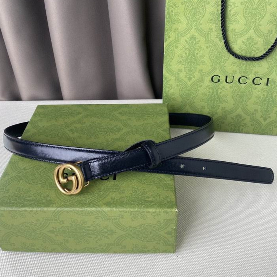 GG Interlocking Belt Black Leather with Gold 2cm wide