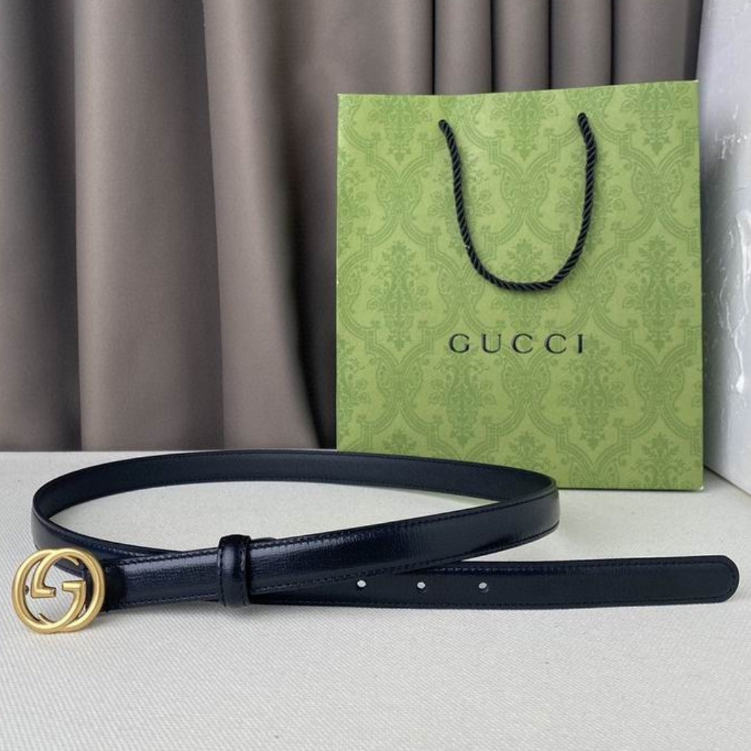 GG Interlocking Belt Black Leather with Gold 2cm wide