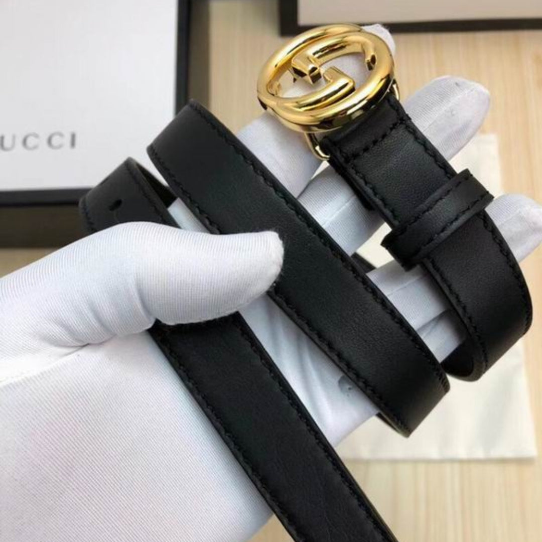 GG Interlocking Belt in Black Leather with Shiny Gold 2cm Wide