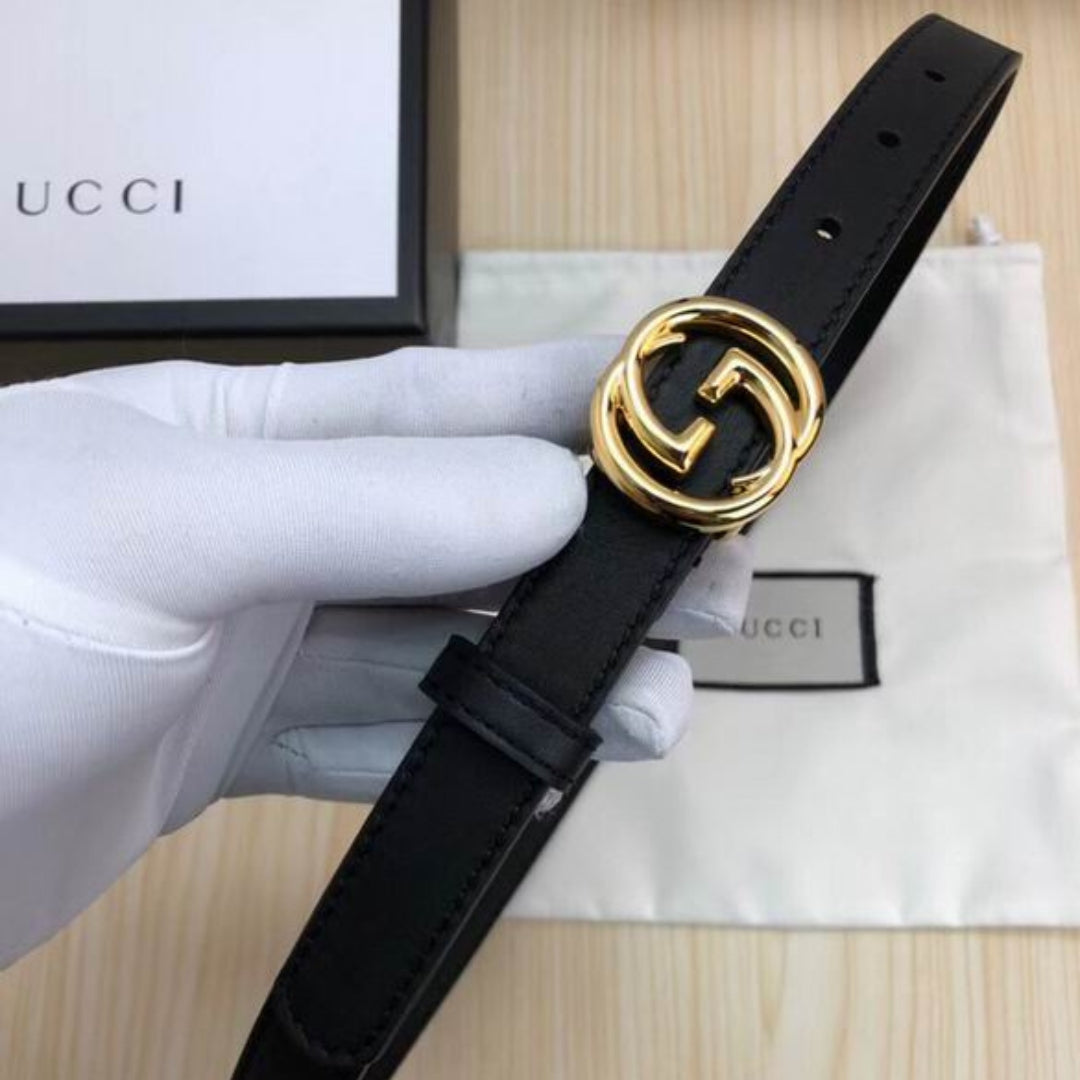 GG Interlocking Belt in Black Leather with Shiny Gold 2cm Wide