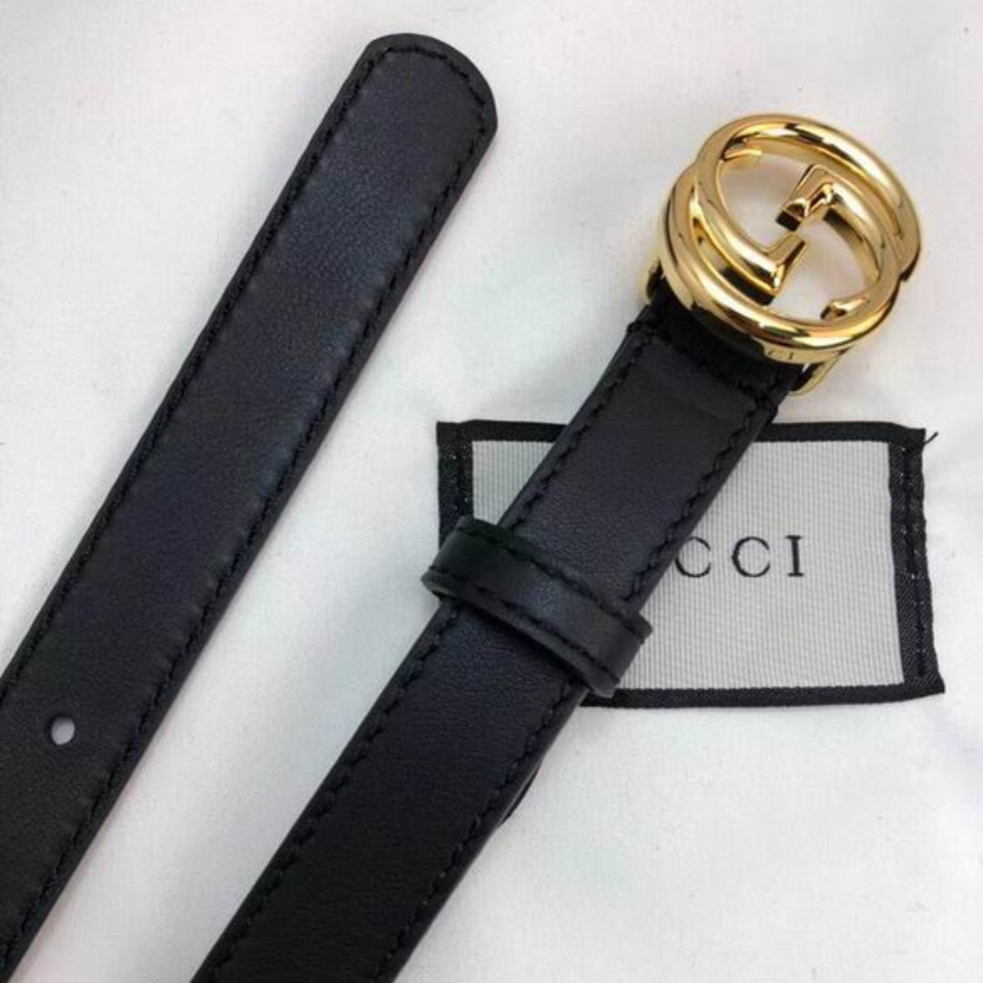 GG Interlocking Belt in Black Leather with Shiny Gold 2cm Wide