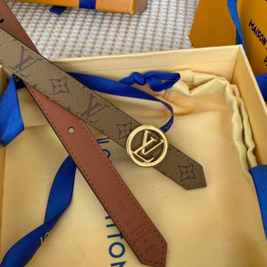 LV Double-Sided Belt in Brown with Canvas and Gold, 2cm wide