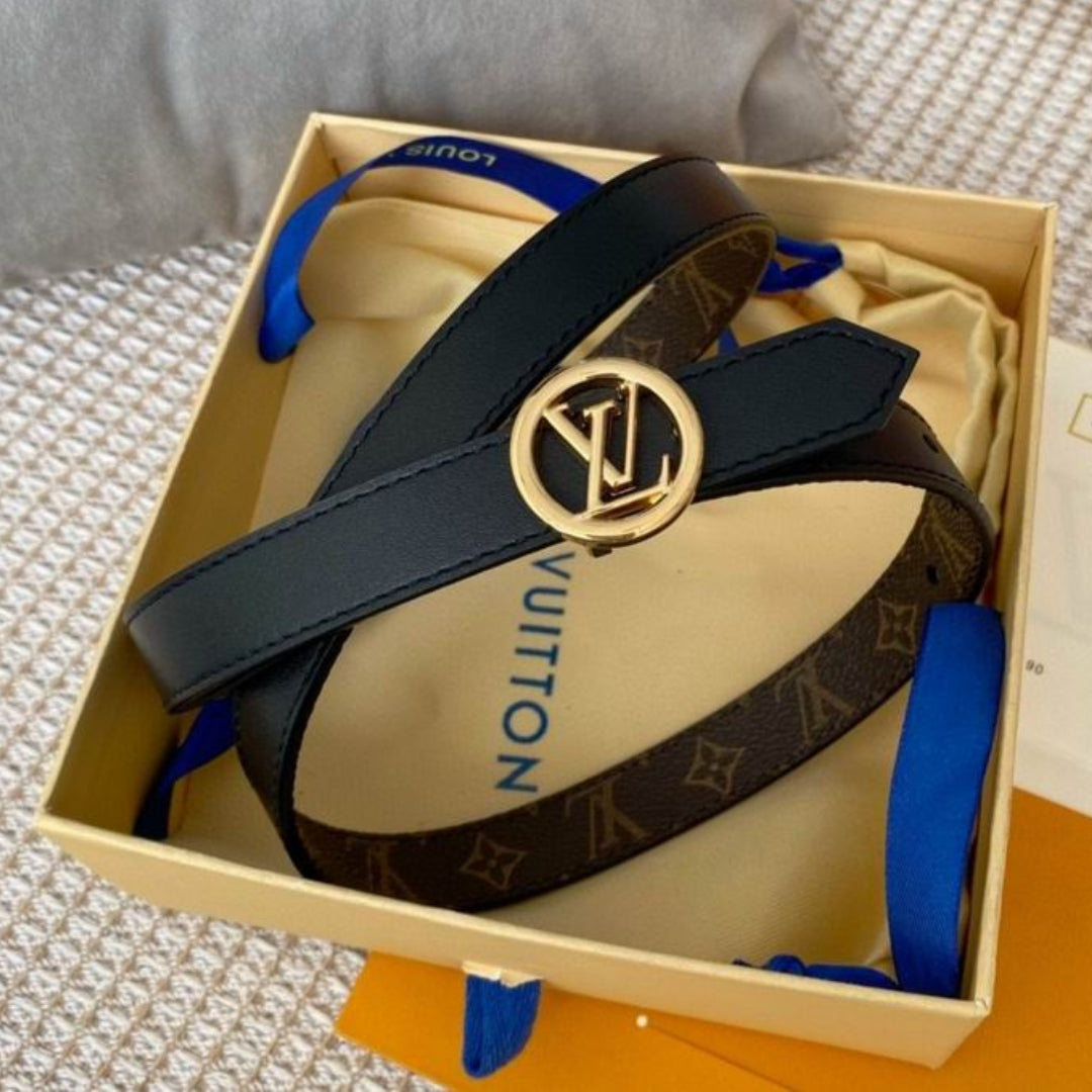 LV Double-Sided Belt, Black with Canvas and Gold, 2cm wide