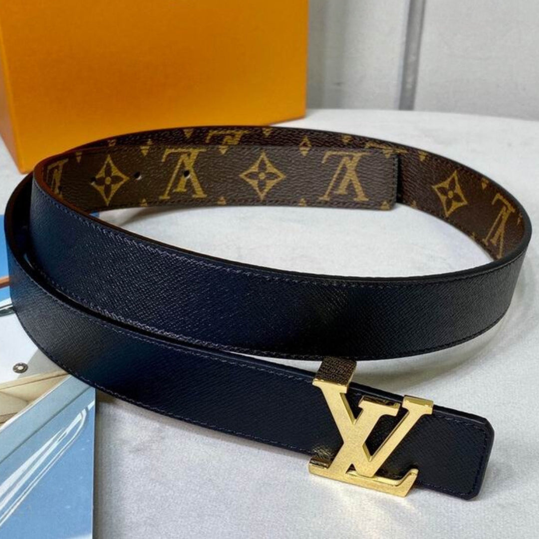 LV Double-Sided Belt, Black with Canvas and Gold, 3cm wide