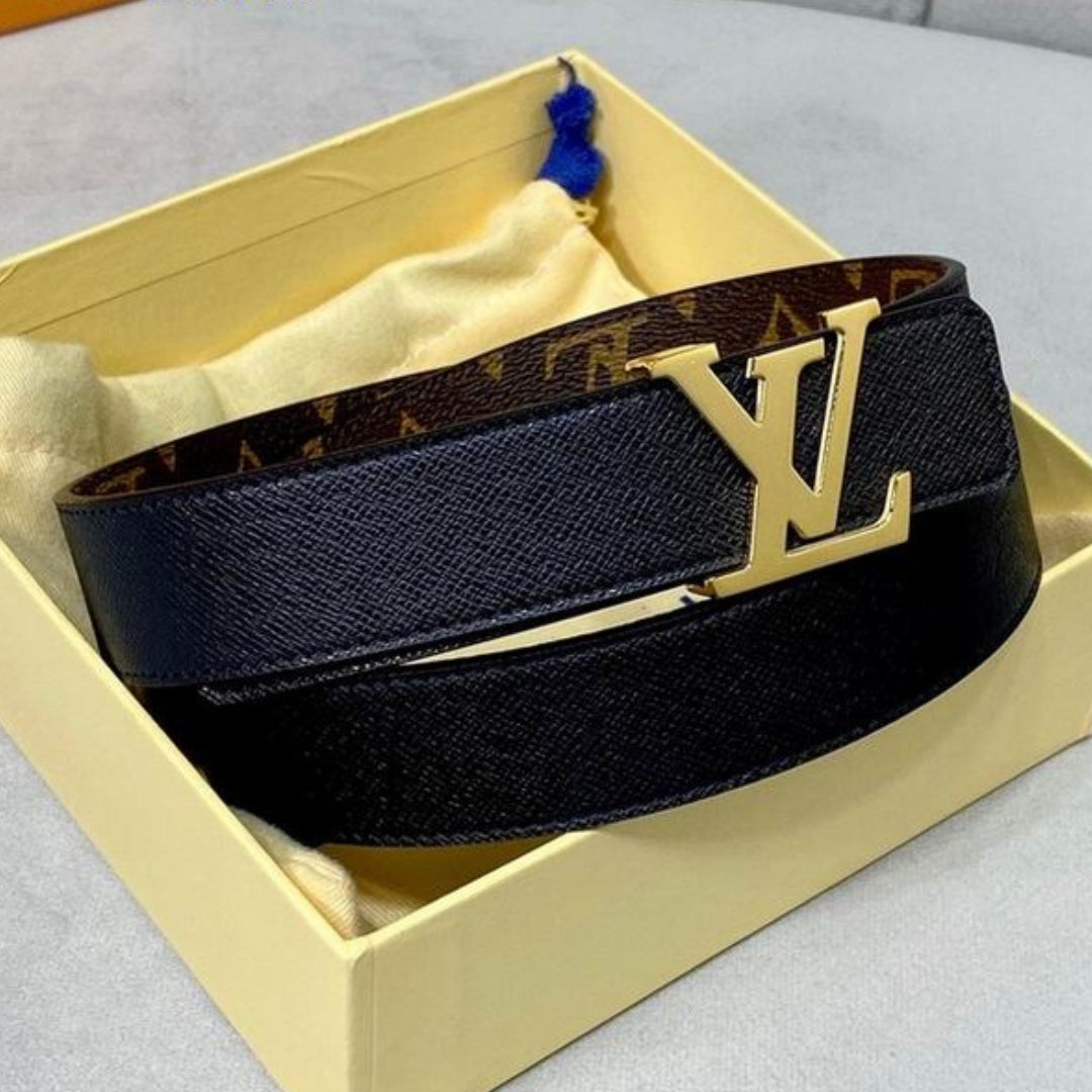 LV Double-Sided Belt, Black with Canvas and Gold, 3cm wide