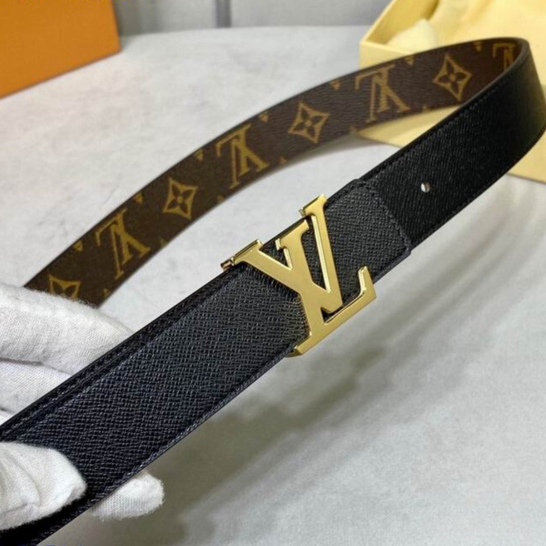 LV Double-Sided Belt, Black with Canvas and Gold, 3cm wide