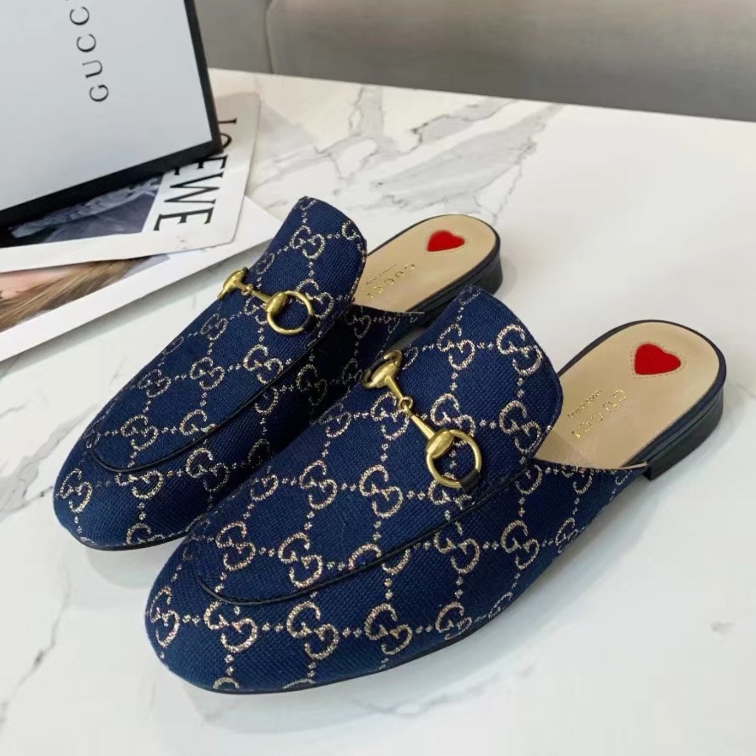 GG Princetown Blue Canvas Leather Mule