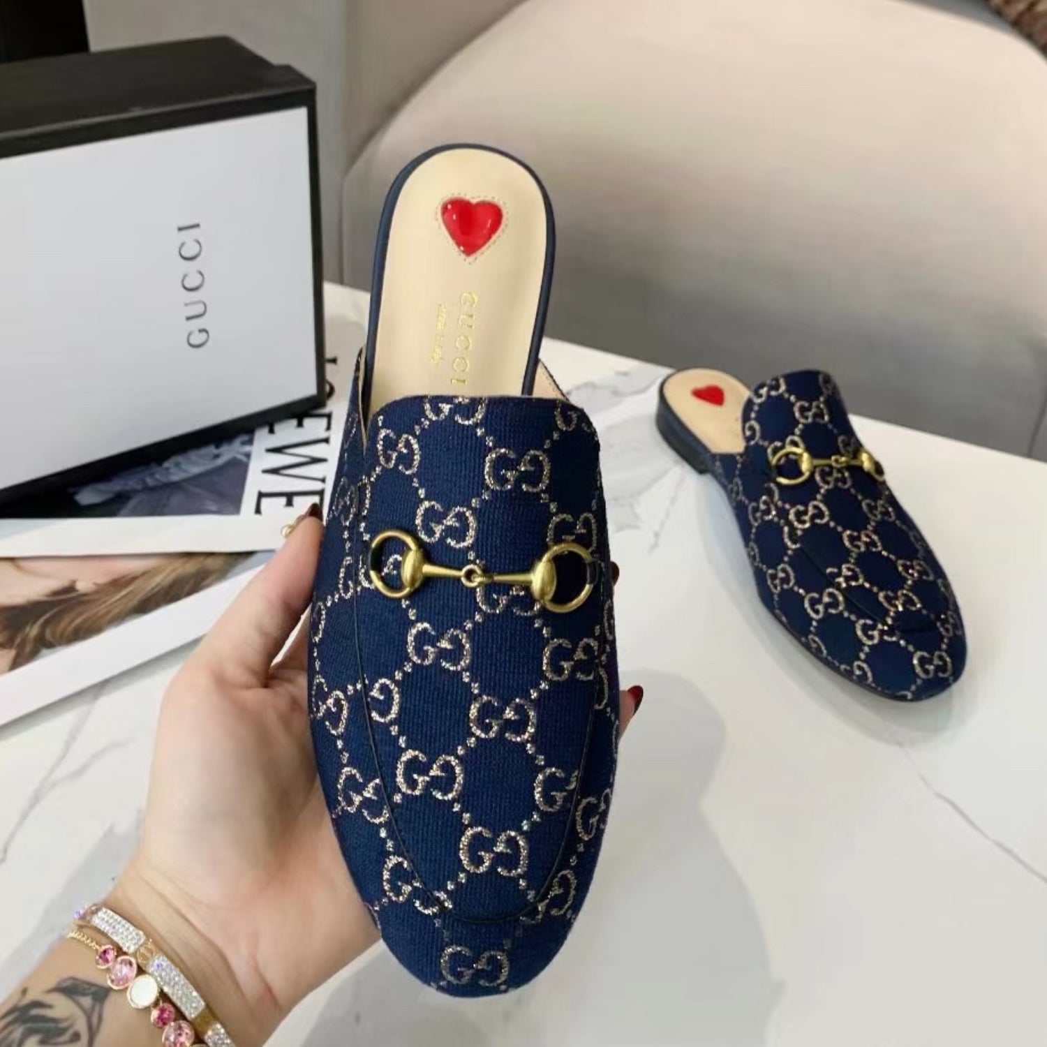 GG Princetown Blue Canvas Leather Mule