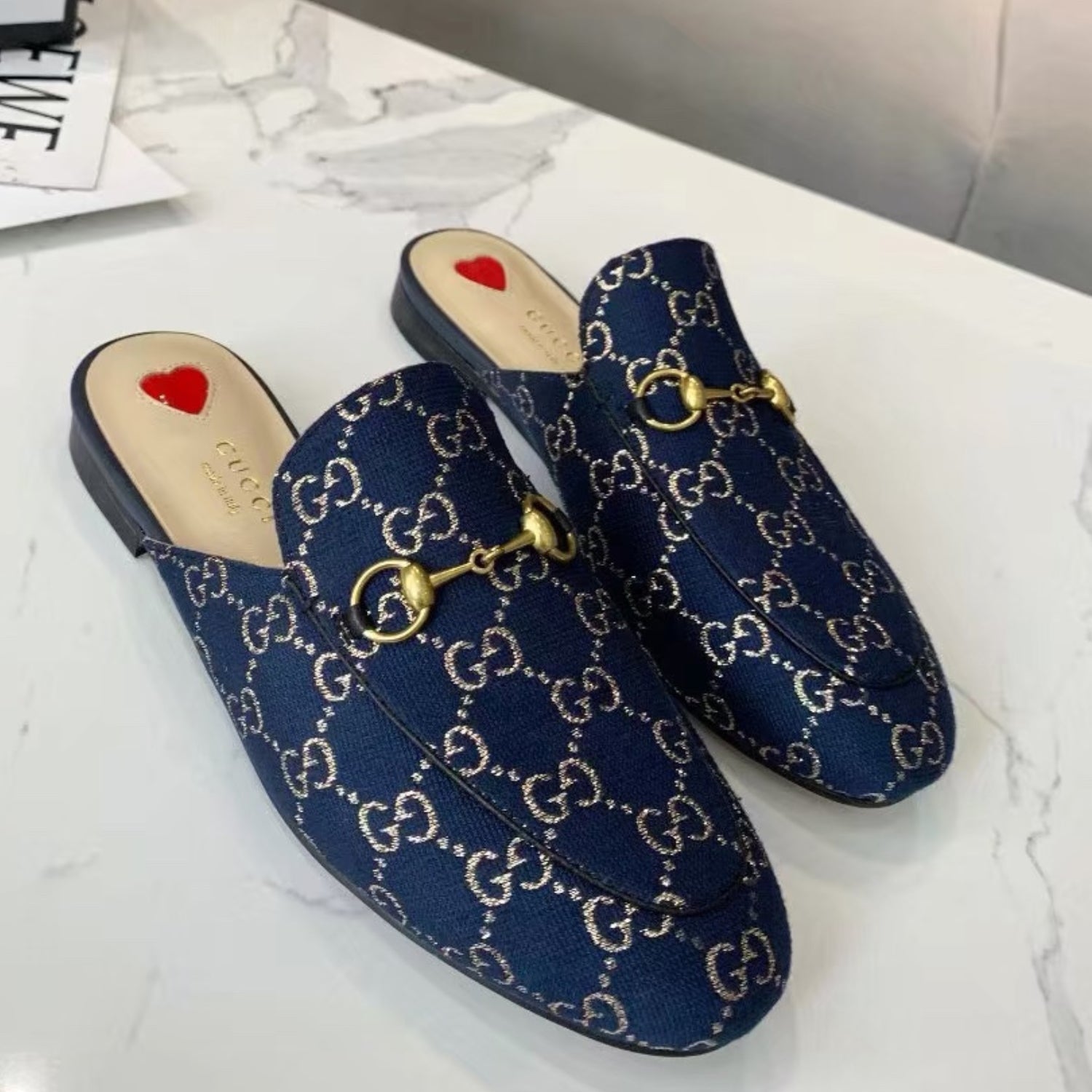 GG Princetown Blue Canvas Leather Mule